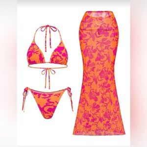SHEIN Red & Orange Floral Bikini Set - 2 piece bikini with coverup